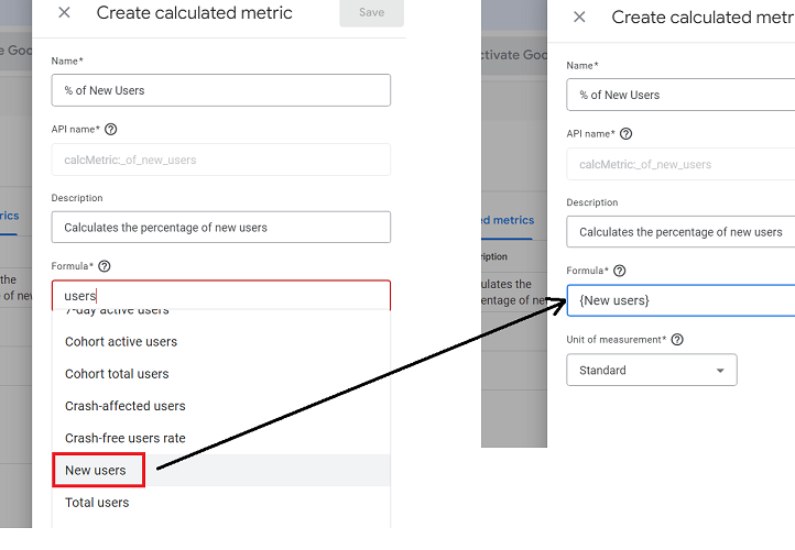 GA4 automatically surrounds all metrics with single curly braces