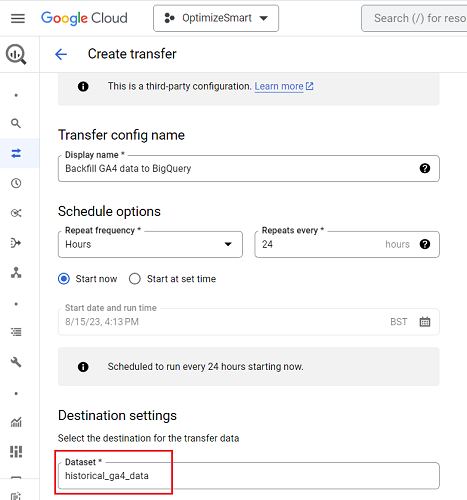 Select the ‘historical ga4 data dataset
