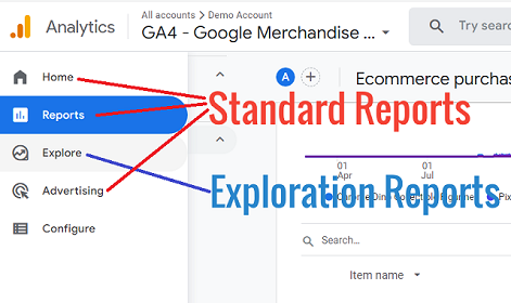 Standard and exploration reports ga4