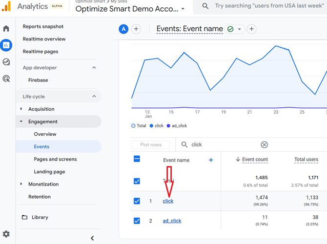 Click on the event name ‘click