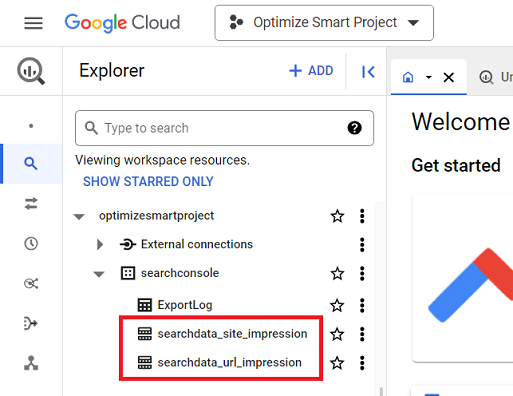 data tables named ‘searchdata site impression and ‘searchdata url impression