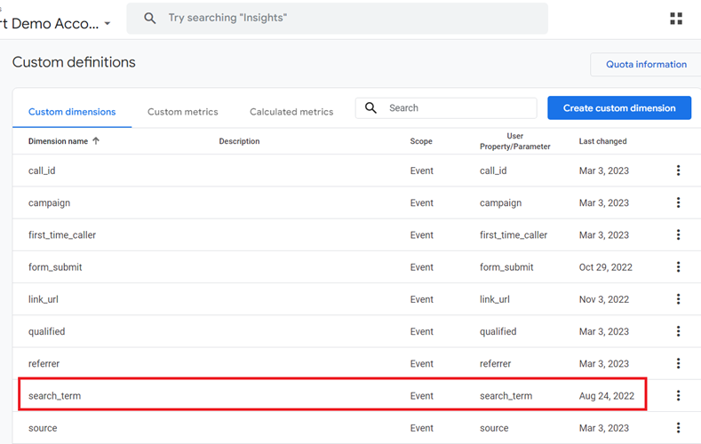 see the ‘search term listed as a custom dimension