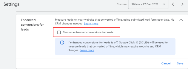 Turn on enhanced conversions for leads