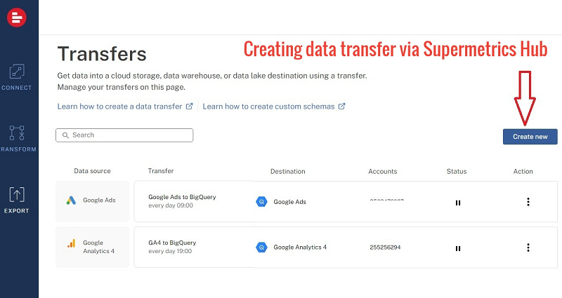 creating data transfer via supermetrics hub