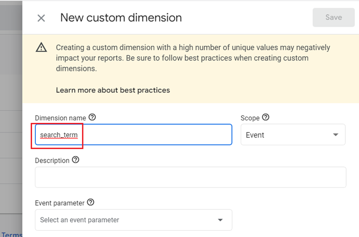 Enter ‘search term as dimension name