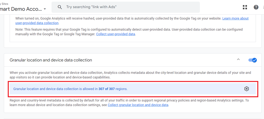 Make sure that ‘Granular location and device data collection is enabled at least in the region where you advertise
