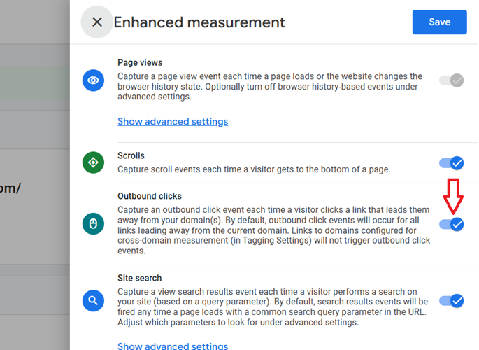 Click on the toggle button next to ‘Outbound Clicks‘