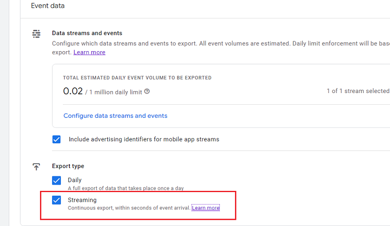 streaming export ga4 bigquery