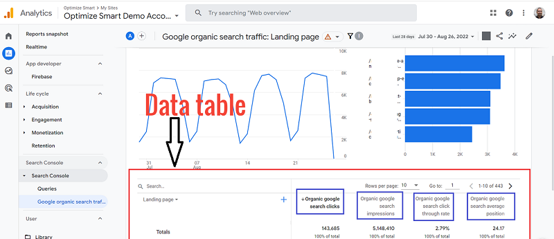 Google Organic Search Traffic report ga4 data table