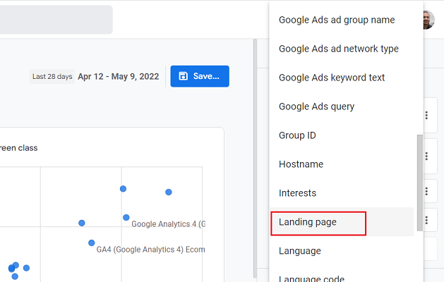 landing page dimension ga4 2