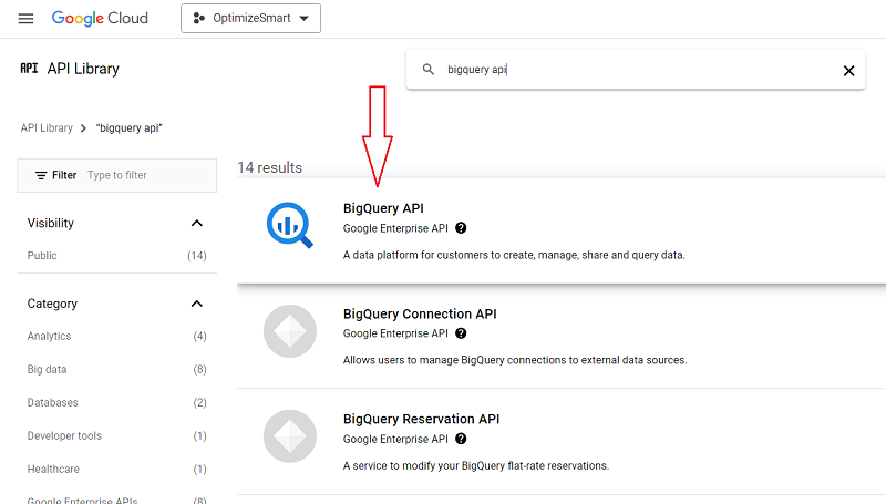 Click on the ‘BigQuery API‘ search result to enable the API