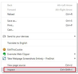 select ‘Inspect from the drop down menu