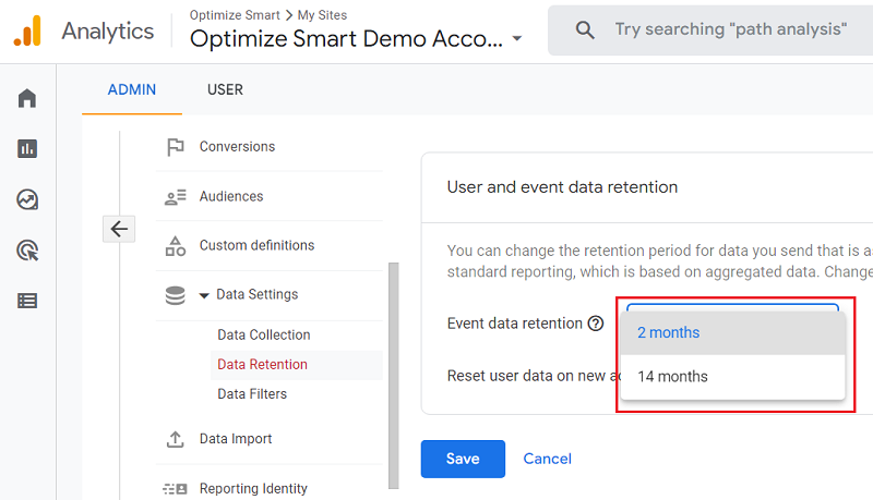 user and event data retention ga4