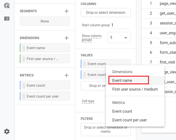 Click on the ‘Event Name dimension