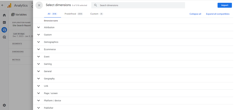 select dimensions in exploration report
