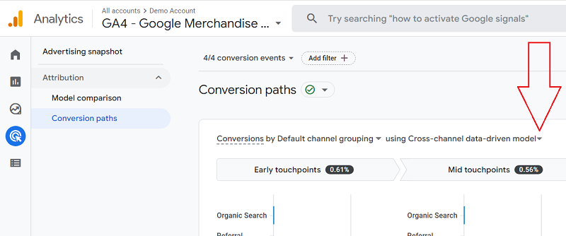 attribution model drop down menu