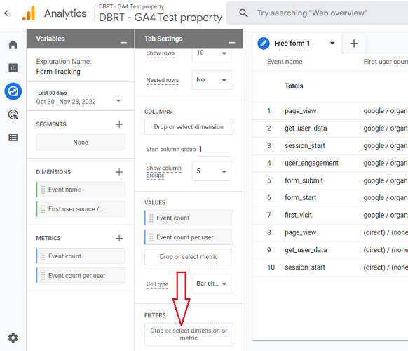 Drop or select dimension or metric 2
