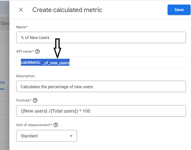 the ‘API name of the calculated metric