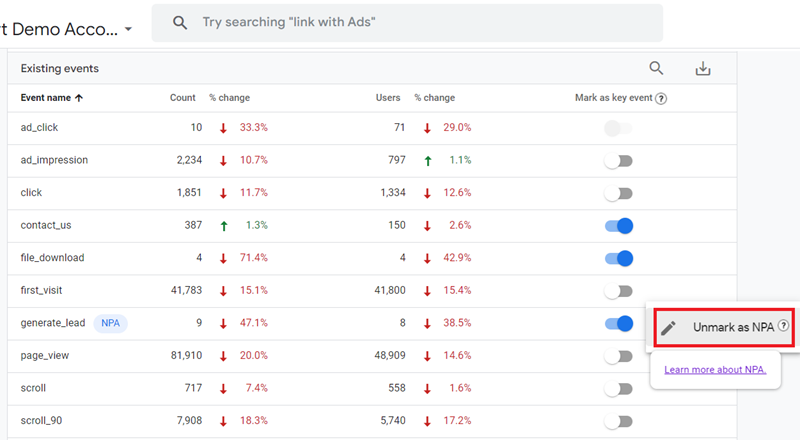 To reinclude an event click on ‘Unmark as NPA