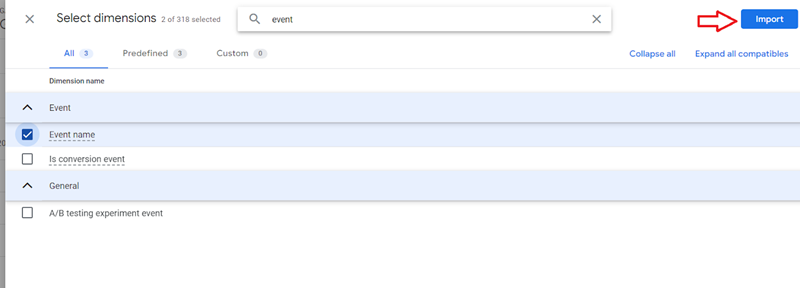 import all the selected dimensions to the report 1