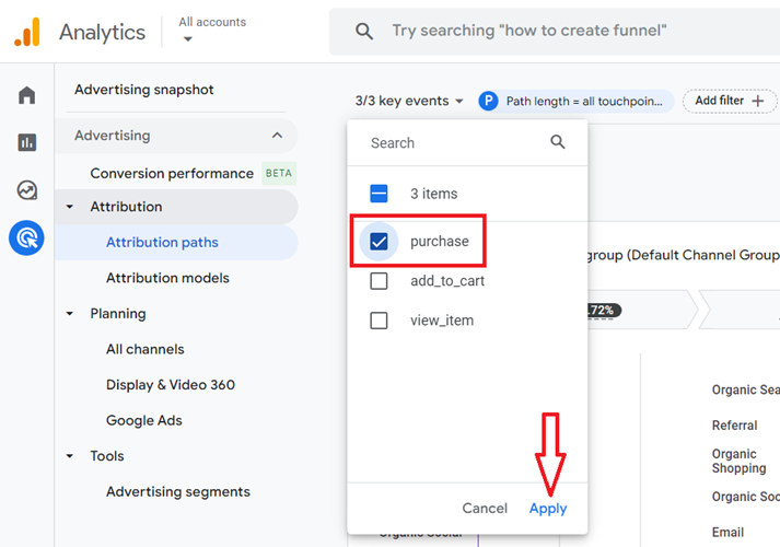Select the Key events for which you want to see the data in your Attribution Paths report