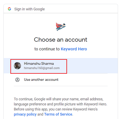 Select your Google Account to continue to Keyword Hero