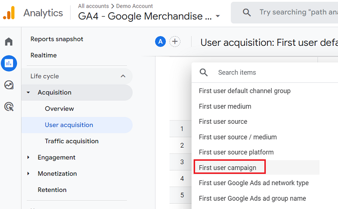 first user campaign ga4