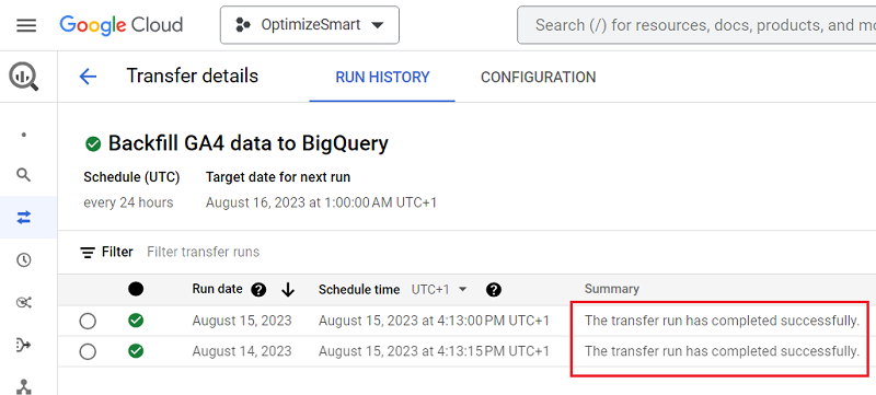 The transfer run has completed successfully