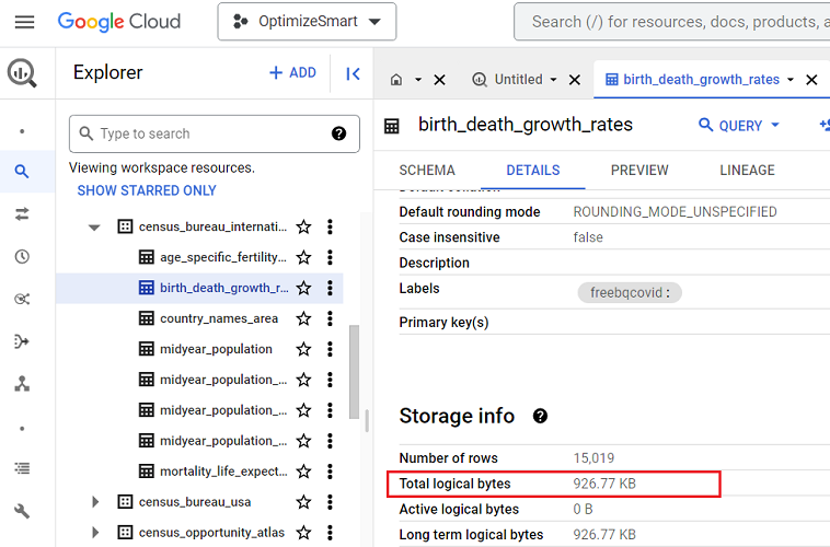 in BigQuery the table size refers to the total logical bytes