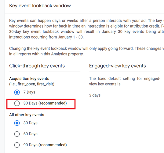 30 day Key event lookback window