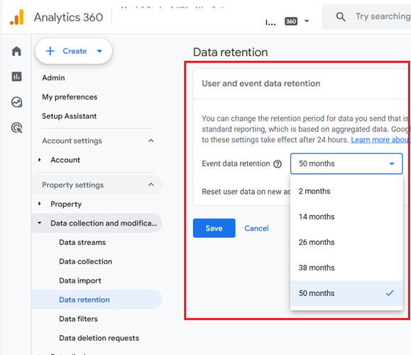 data retention ga4 360