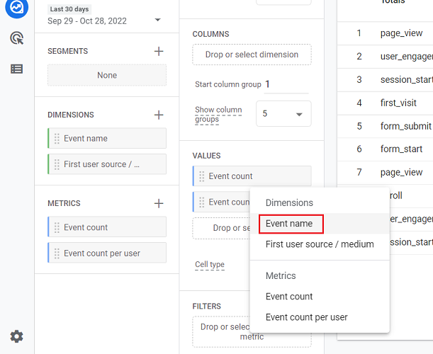 select event name dimension