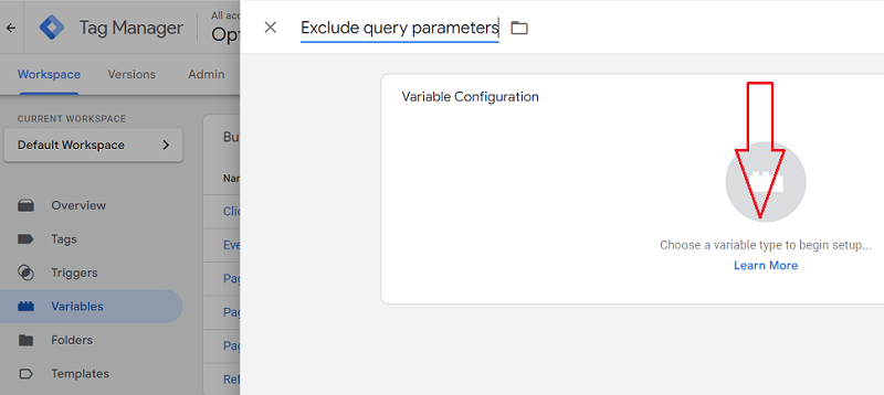Choose a variable type to begin setup gtm