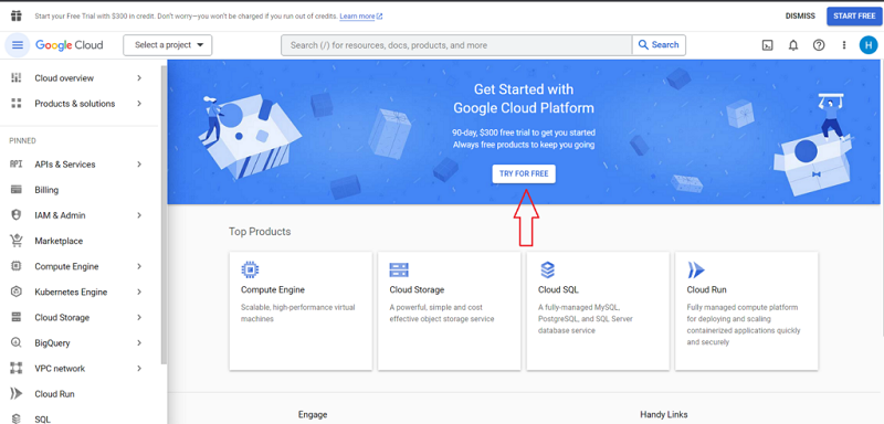start your free 90 days trial of any of the Google Cloud Platform products