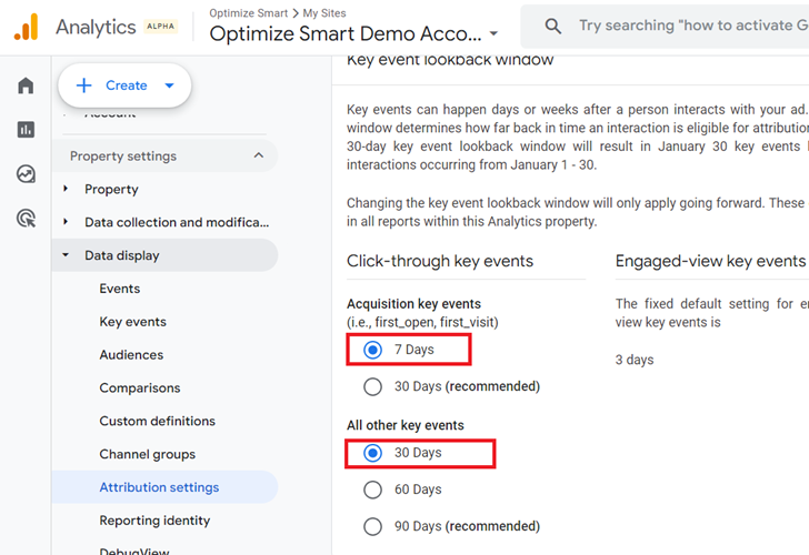 optimal setting for the GA4 Key event lookback window
