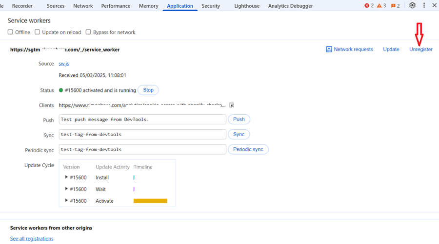 Click on ‘Unregister to manually unregister the service worker
