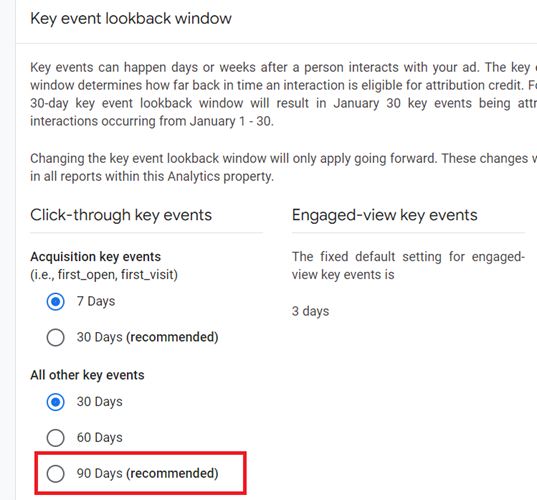 90 day Key event lookback window