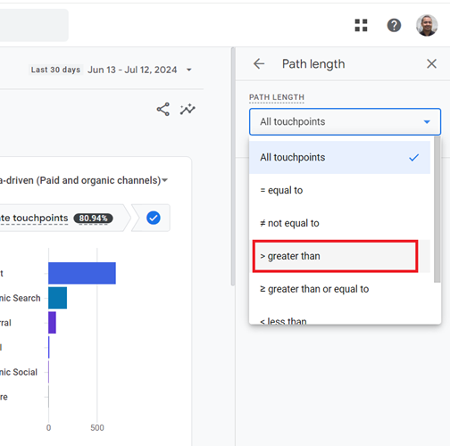 Select an operator to filter the path lengths of attribution paths