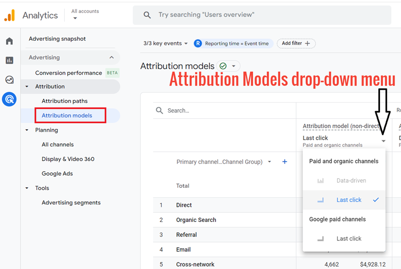 Finding attribution models in GA4 via the Attribution Models report