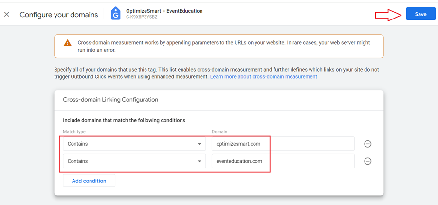 Add the domains involved in the cross domain tracking set up 1