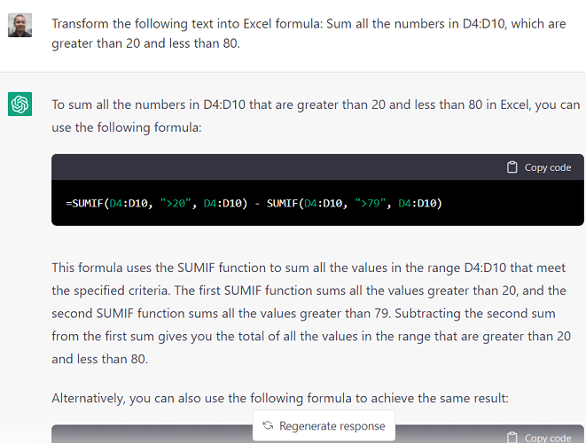 chat gpt generate formula