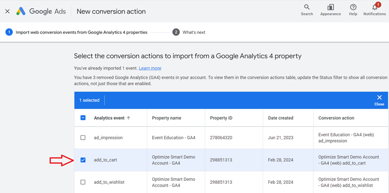 Select the conversion actions to import from your GA4 property