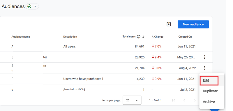 Click on the three dots menu next to the audience name you want to review
