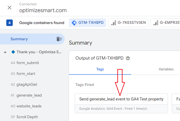 tag ‘Send generate lead event to GA4 Test property fired