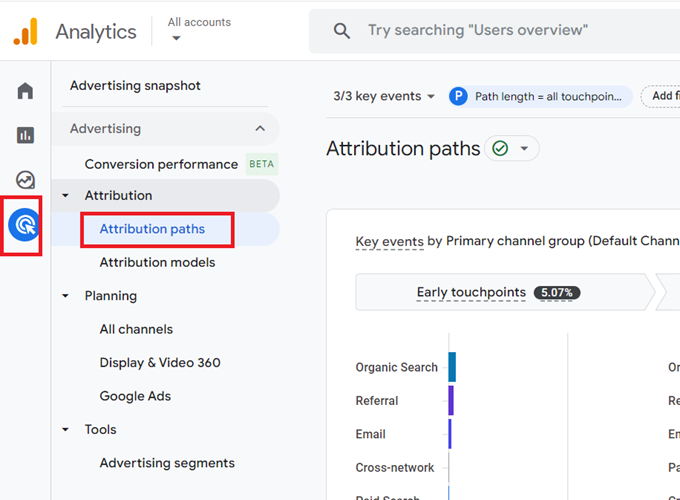 Finding attribution models in GA4 via the Attribution Paths report