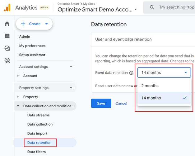 ga4 User and event data retention