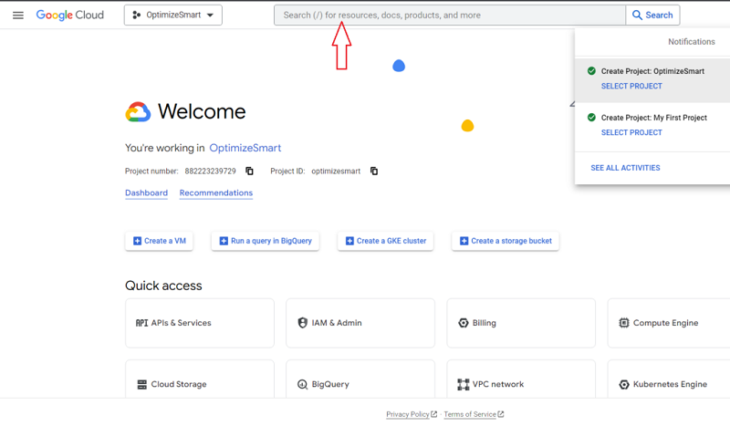 Type ‘bigquery in the search