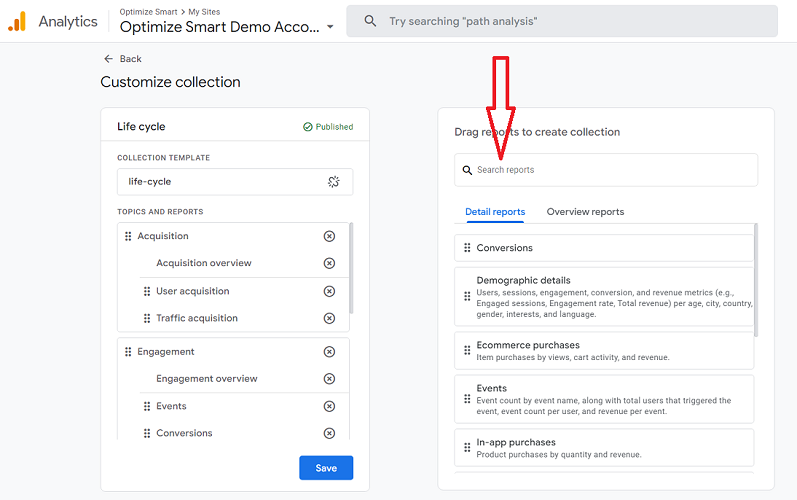Search for the Landing Pages report in the search