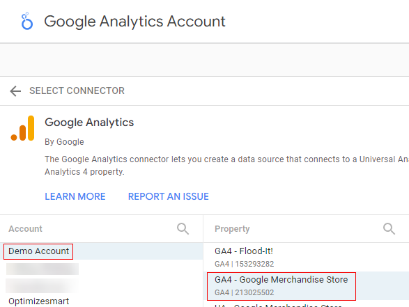google analytics connector select property