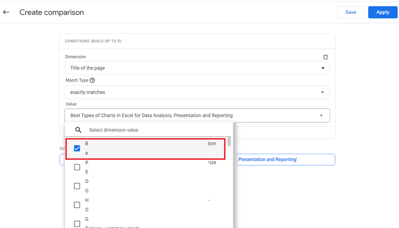 Select one of the dimension values